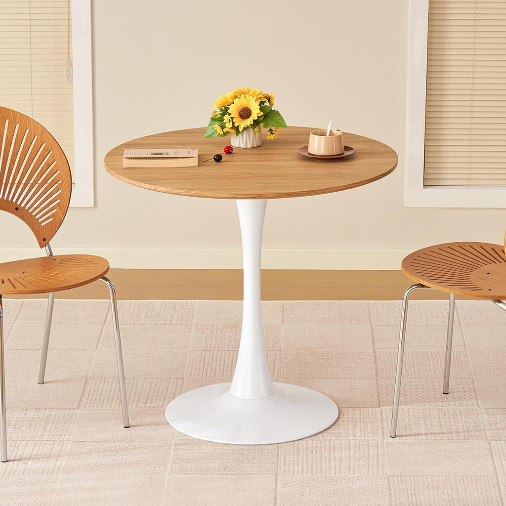 Table de salle à manger ronde, table tulipe circulaire de 80 cm dotée de plateau épais et pied en métal, table bistro moderne du milieu du siècle pour cuisine, petits espaces, salon, café (imitation chêne)