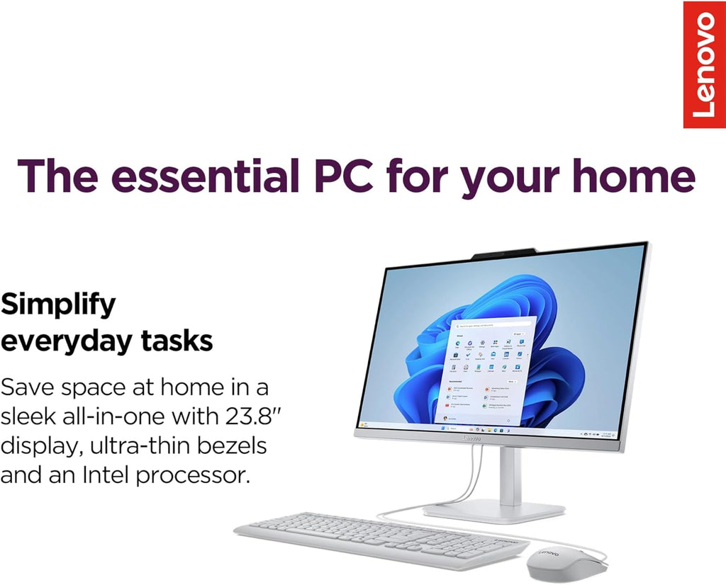 Ordinateur de bureau tout-en-un Lenovo IdeaCentre Everyday Tasks 24 Full HD • Office 365 pour le Web • Processeur Intel quadricœur • SSD de 256 Go • 8 Go de RAM • Clavier et souris • Windows 11 – Modèle pratique