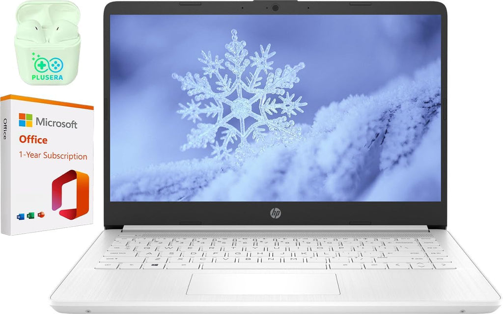 Ordinateur compact portable HP 14 Professionnel et Étudiant avec Microsoft Office 365 inclus, processeur Intel Quad-Core, 8 Go de RAM, 320 Go de stockage (64 Go eMMC + carte SD de 256 Go), Windows 11, écouteurs PLUSERA, blanc