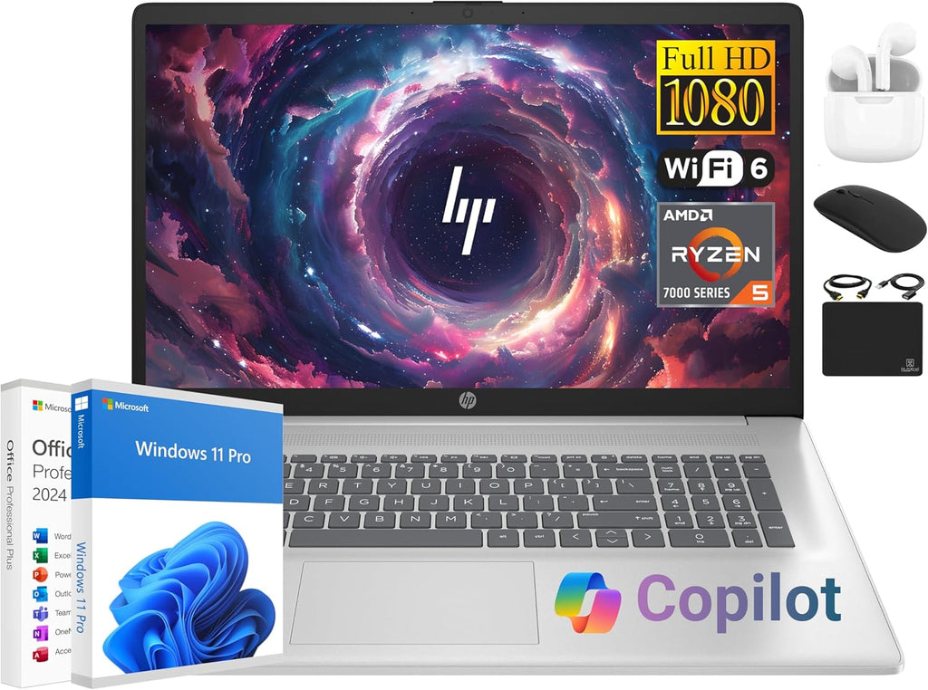 Ordinateur compact portable HP 17 Essential : PC professionnel 17,3 pouces IPS FHD, processeur AMD Ryzen 5 à 6 cœurs, 32 Go de RAM, 1,5 To de stockage (1 To SSD + 500 Go d’extension), Windows 11 Pro, Copilot AI, suite Office à vie, HubxcelAccessory