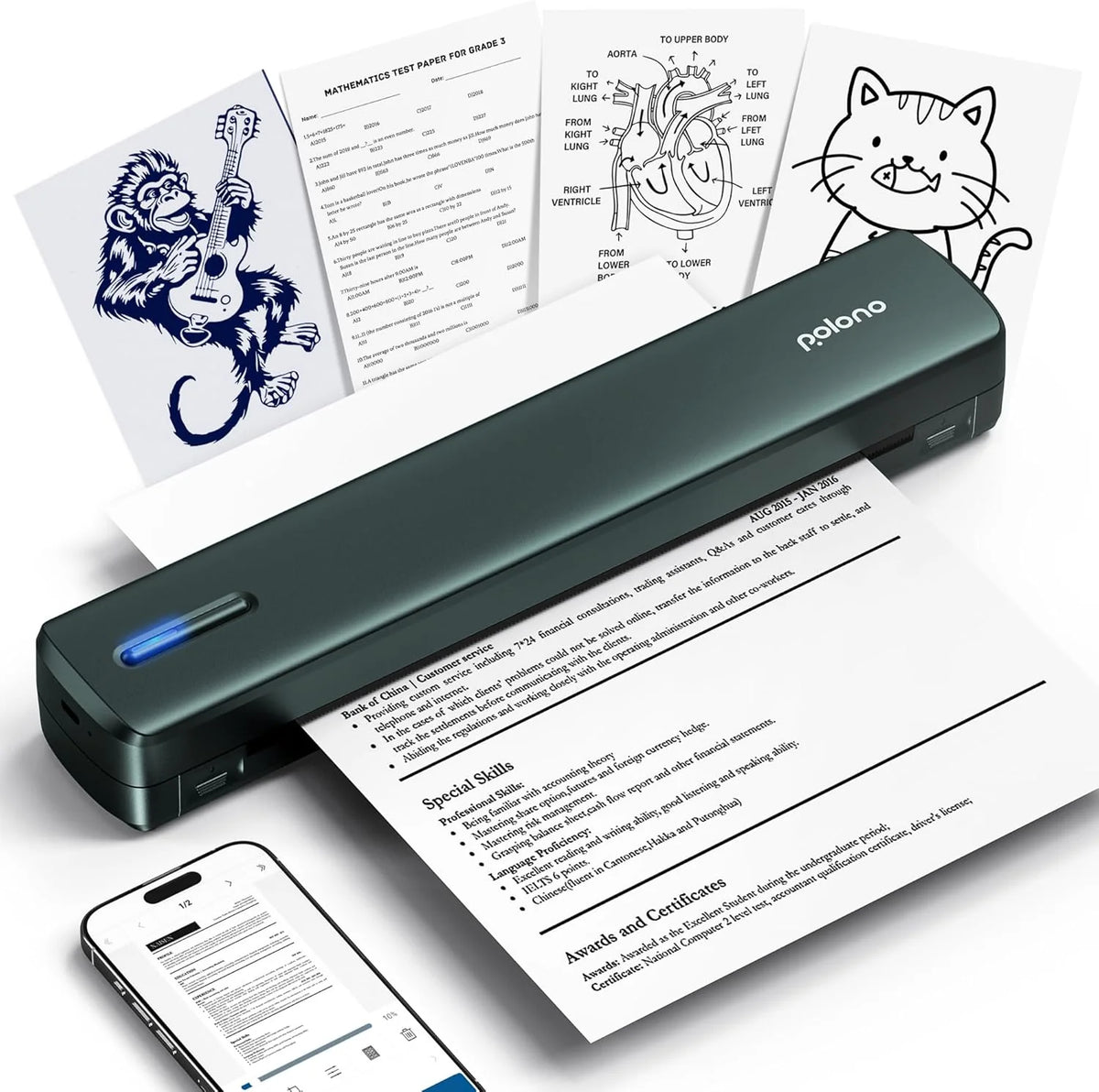 Imprimante compact portable D810, imprimante thermique Bluetooth sans encre compatible avec les téléphones et les ordinateurs portables.