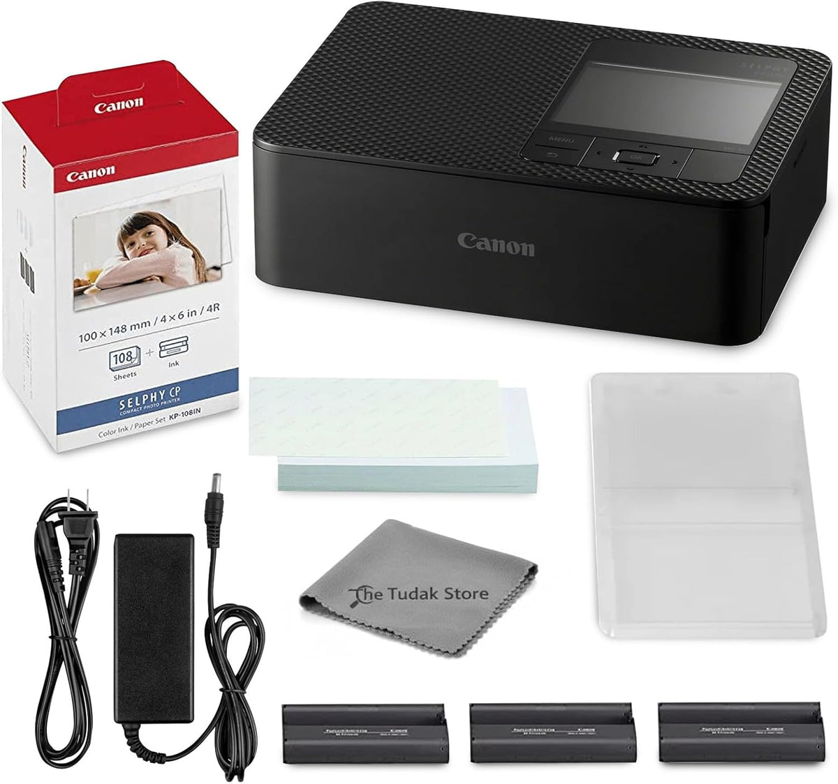 Imprimante photo Canon Selphy CP1500 (noire) doté de papier KP-108 (108 feuilles), 3 cartouches d'encre couleur et chiffon de nettoyage Tudak – Kit d'imprimante au format au format compact à connectivité sans fil à sublimation thermique