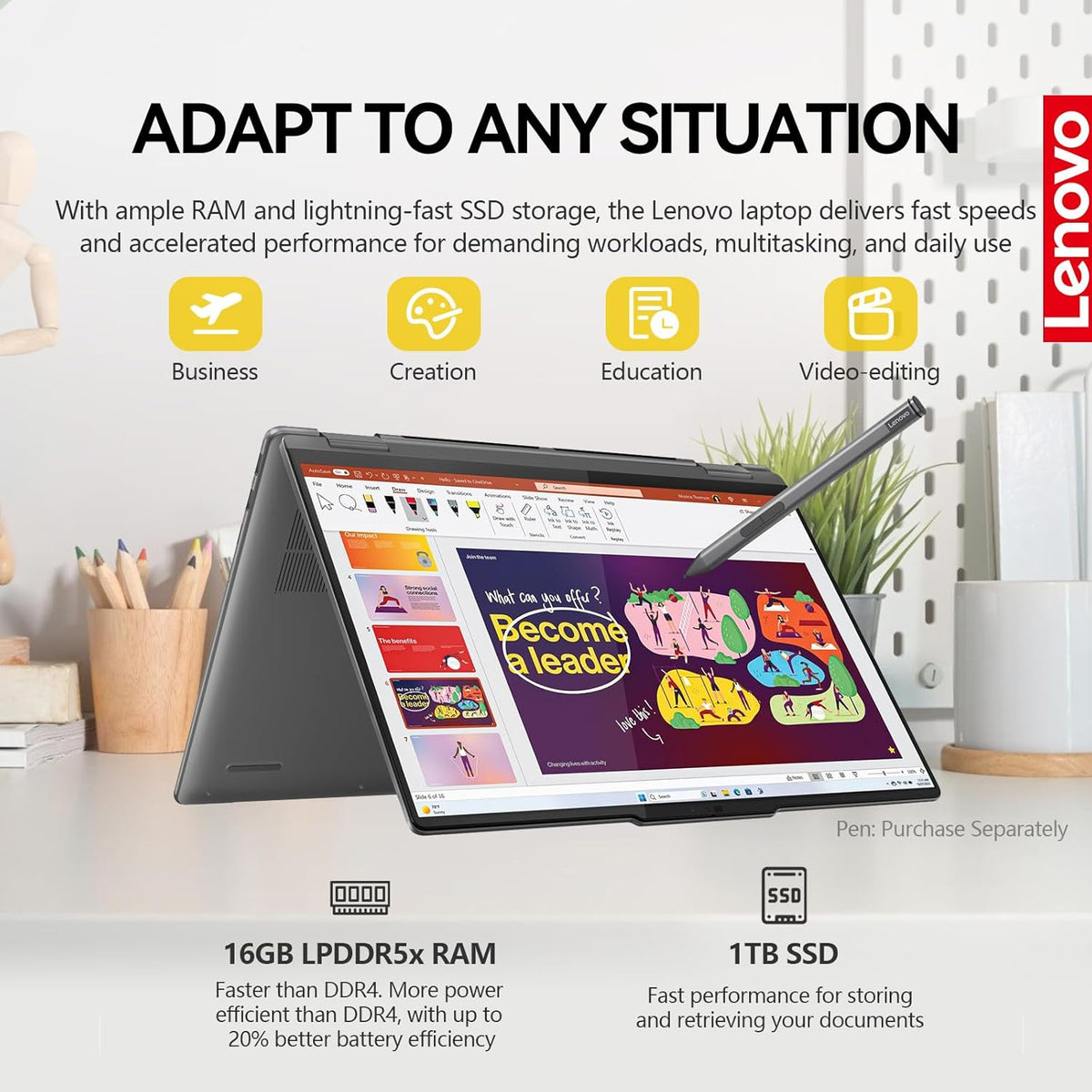 Ordinateur compact portable Lenovo Yoga 7i 2 en 1, écran tactile 16 pouces FHD+, pliable à 360°, convertible, processeur Intel Core Ultra 7, Windows 11 Pro, 16 Go de RAM DDR5, SSD de 1 To, pavé numérique rétroéclairé, lecteur d'empreintes digitales.