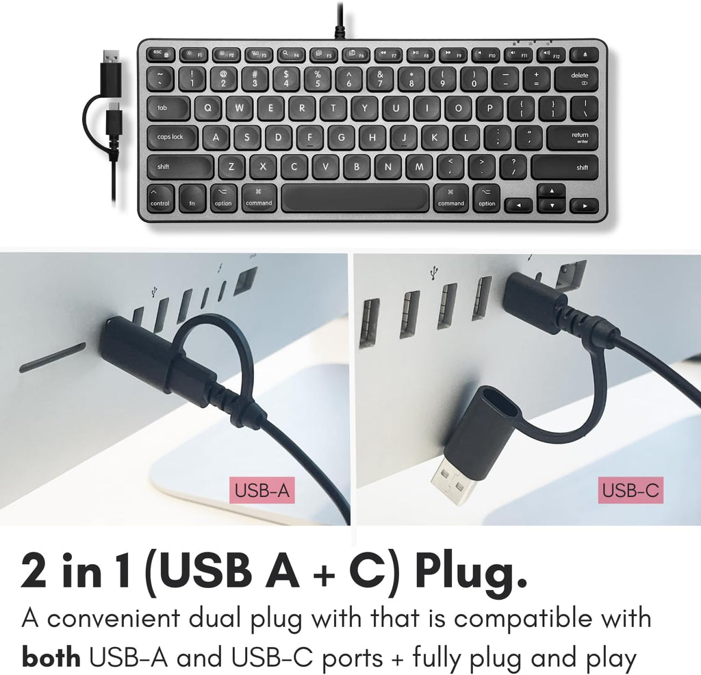 Clavier filaire Macally pour Mac avec hub USB (2 ports USB-C / 1 port USB-A) - Clavier Apple compact compatible avec prise USB 2 en 1 - pour MacBook Pro/Air, Mac mini et iMac