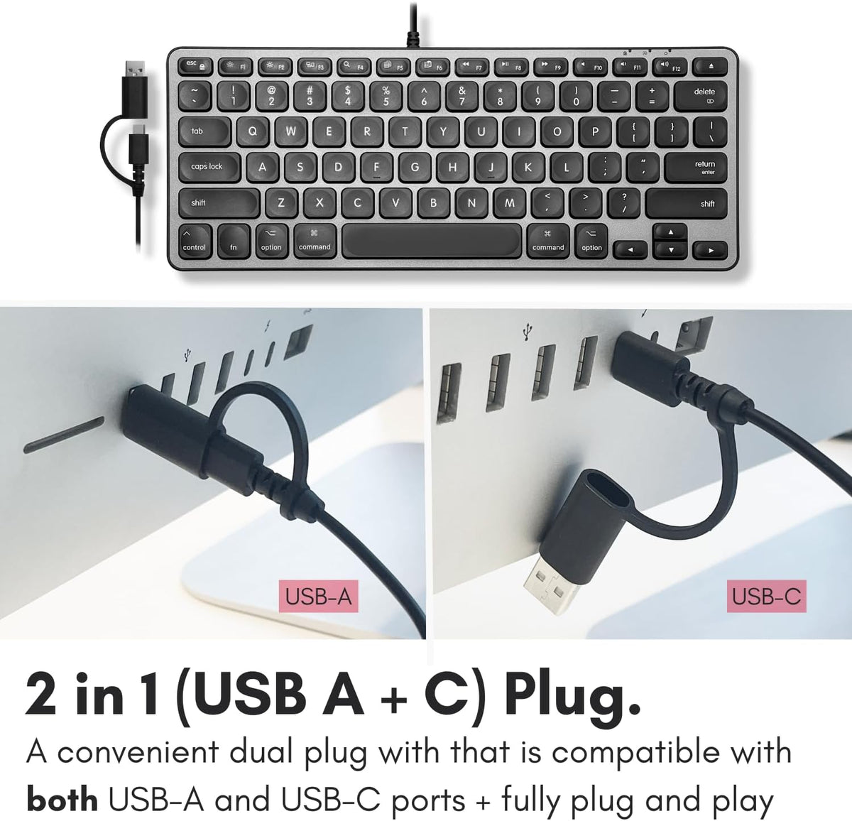 Clavier filaire Macally pour Mac avec hub USB (2 ports USB-C / 1 port USB-A) - Clavier Apple compact compatible avec prise USB 2 en 1 - pour MacBook Pro/Air, Mac mini et iMac