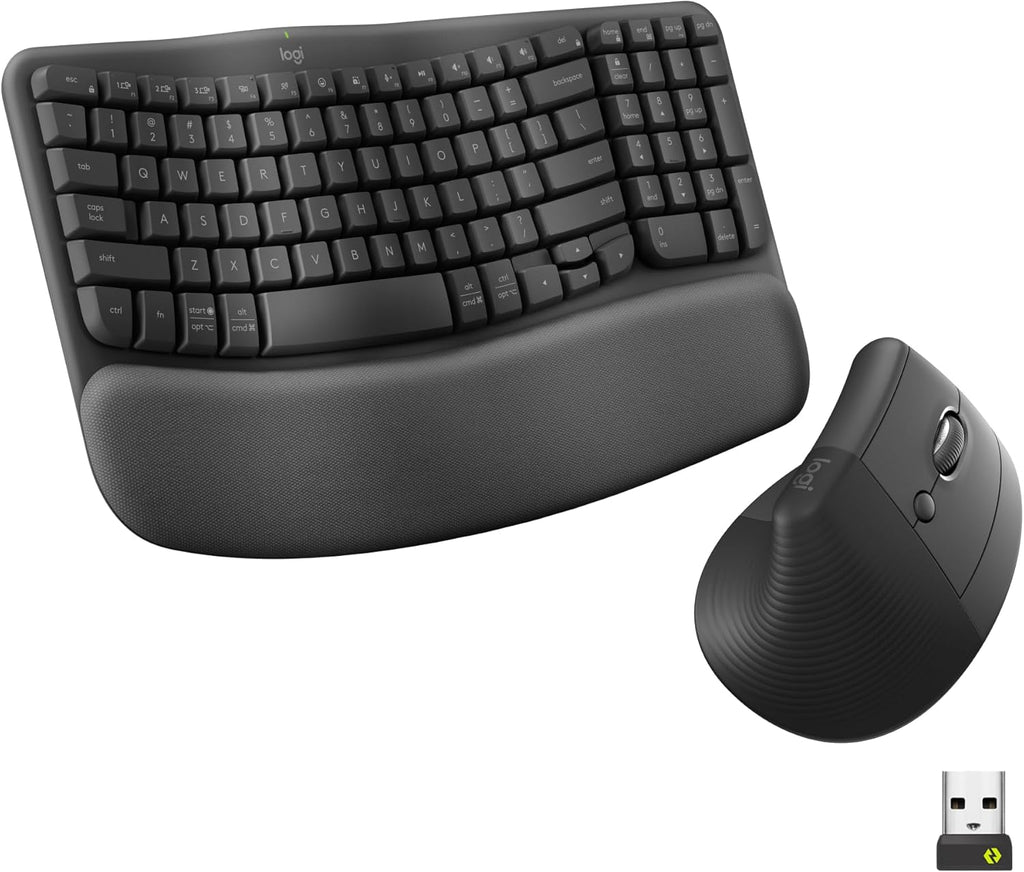 Logitech Wave Keys & Lift Vertical Mouse - Ensemble clavier et souris à connectivité sans fil ergonomiques - doté de repose-poignets rembourré, fonction Easy-Switch, Bluetooth, compatible Windows/Mac - Graphite