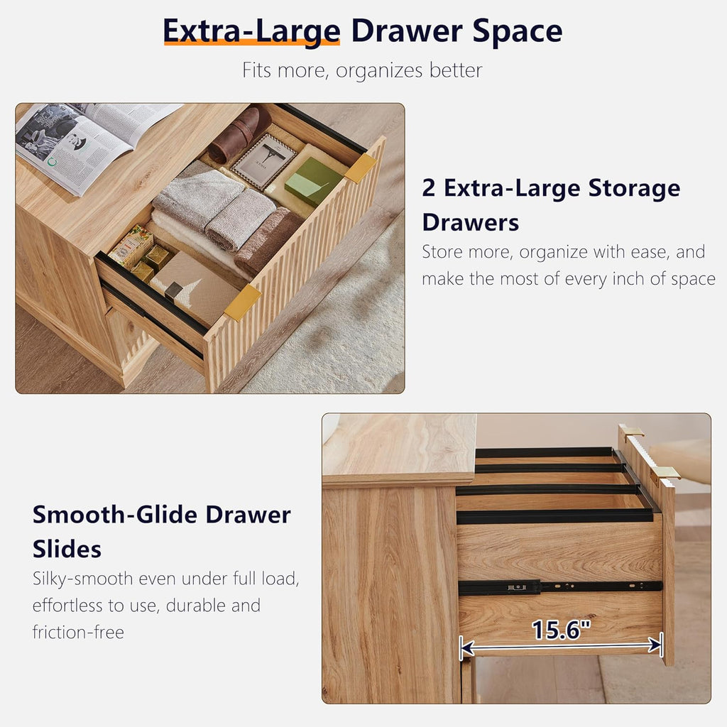 Classeur à deux tiroirs JXQTLINGMU dotée de station de charge, classeur latéral cannelé 30 pouces avec tringle de suspension pour dossiers format lettre/légal/A4, grand plateau pour imprimante, meuble de bureau en bois pour imprimante, chêne