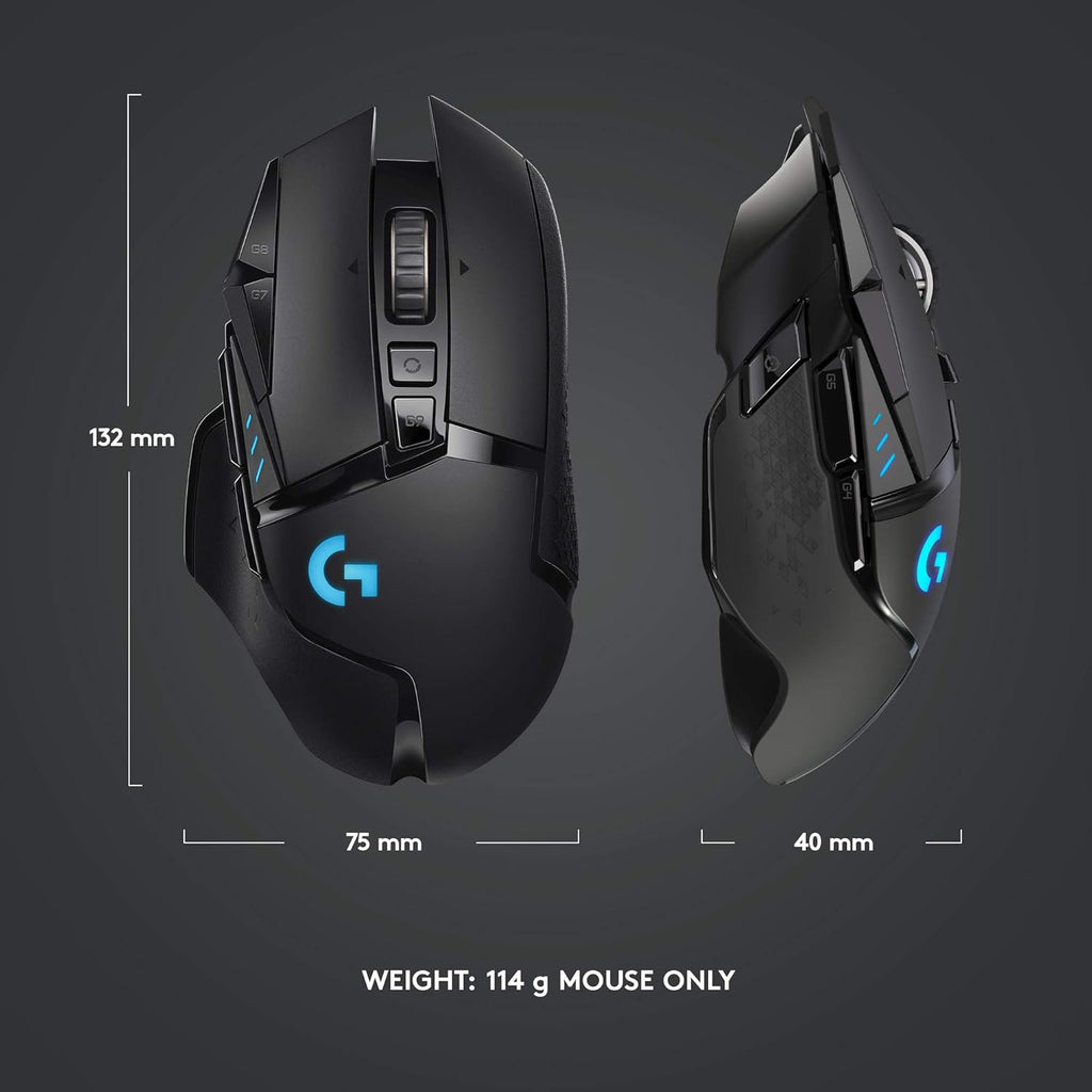 Souris gaming à connectivité sans fil Logitech G502 Lightspeed doté de capteur Hero 25K, compatible PowerPlay, poids ajustables et éclairage RVB Lightsync - Noir