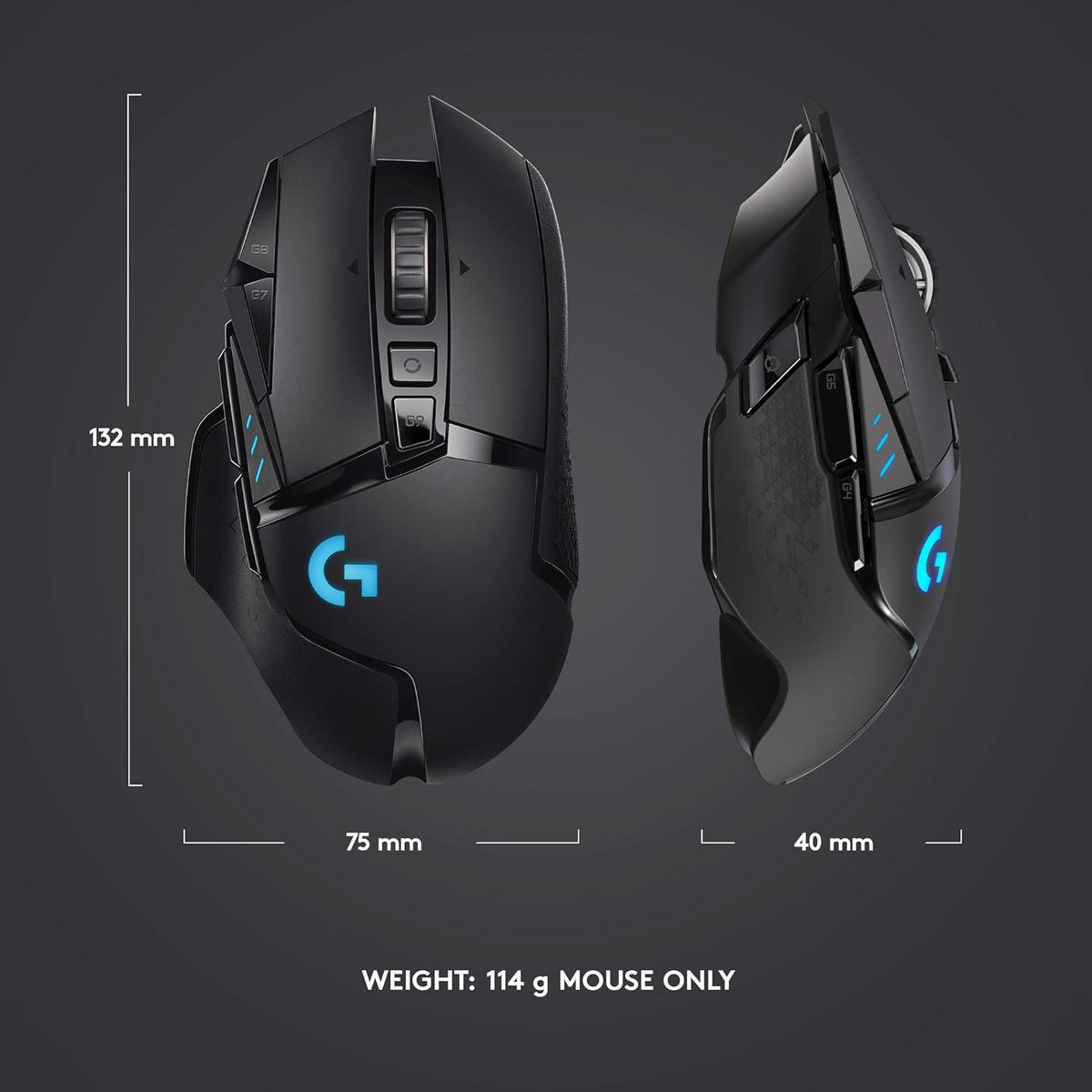 Souris gaming à connectivité sans fil Logitech G502 Lightspeed doté de capteur Hero 25K, compatible PowerPlay, poids ajustables et éclairage RVB Lightsync - Noir