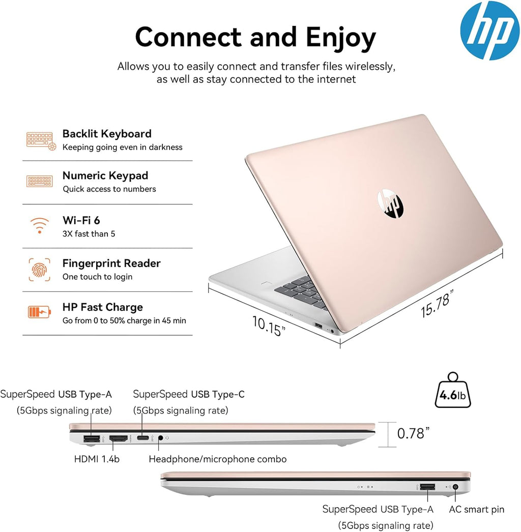 Ordinateur compact portable HP 17 : grand écran HD+ de 17,3 pouces, idéal pour les professionnels. Processeur Intel Core i5 de 13e génération (10 cœurs), Windows 11 Pro, clavier rétroéclairé, lecteur d'empreintes digitales, finition or rose, 32 Go