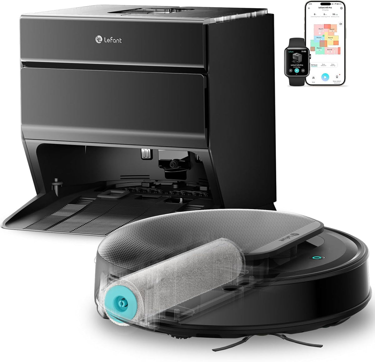 Aspirateur et laveur robot Lefant LiDAR, aspiration de 18 000 Pa, détection d'obstacles PSD 2.0, aspirateur robot tout-en-un doté de vidage automatique après 120 jours, lavage autonettoyant, séchage automatique, compatible Wi-Fi 2,4 GHz/5 GHz, M5 Pro