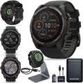 Présentation : Garmin Fenix 8 Premium Montre connectée multisport GPS pour la course à pied 51 mm, écran saphir solaire, étanche à l'énergie solaire, lampe torche intégrée, boîtier en titane DLC avec bracelet gris galet - Socle de chargement Signatur