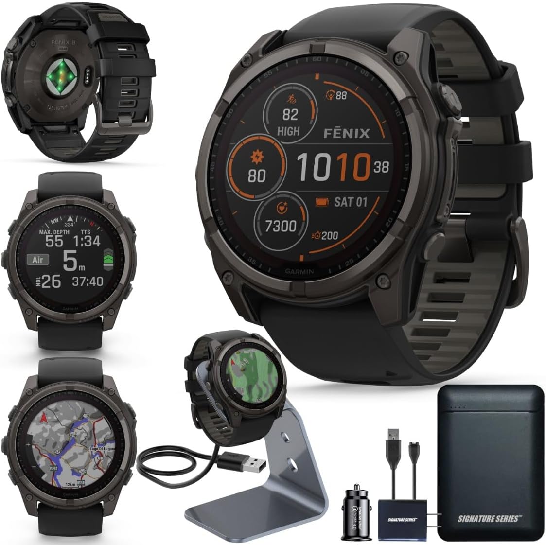 Présentation : Garmin Fenix 8 Premium Montre connectée multisport GPS pour la course à pied 51 mm, écran saphir solaire, étanche à l'énergie solaire, lampe torche intégrée, boîtier en titane DLC avec bracelet gris galet - Socle de chargement Signatur