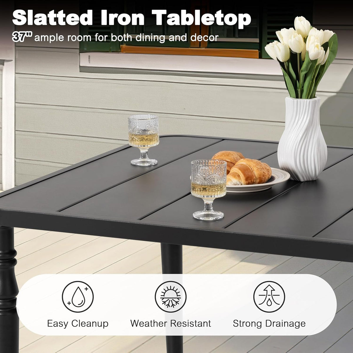 Table de salle à manger d'extérieur NUU GARDEN 94 cm (37 po), table carrée en métal dotée de trou pour parasol, table de patio avec cadre thermolaqué et plateau à lattes, pour jardin, cour et balcon, noire
