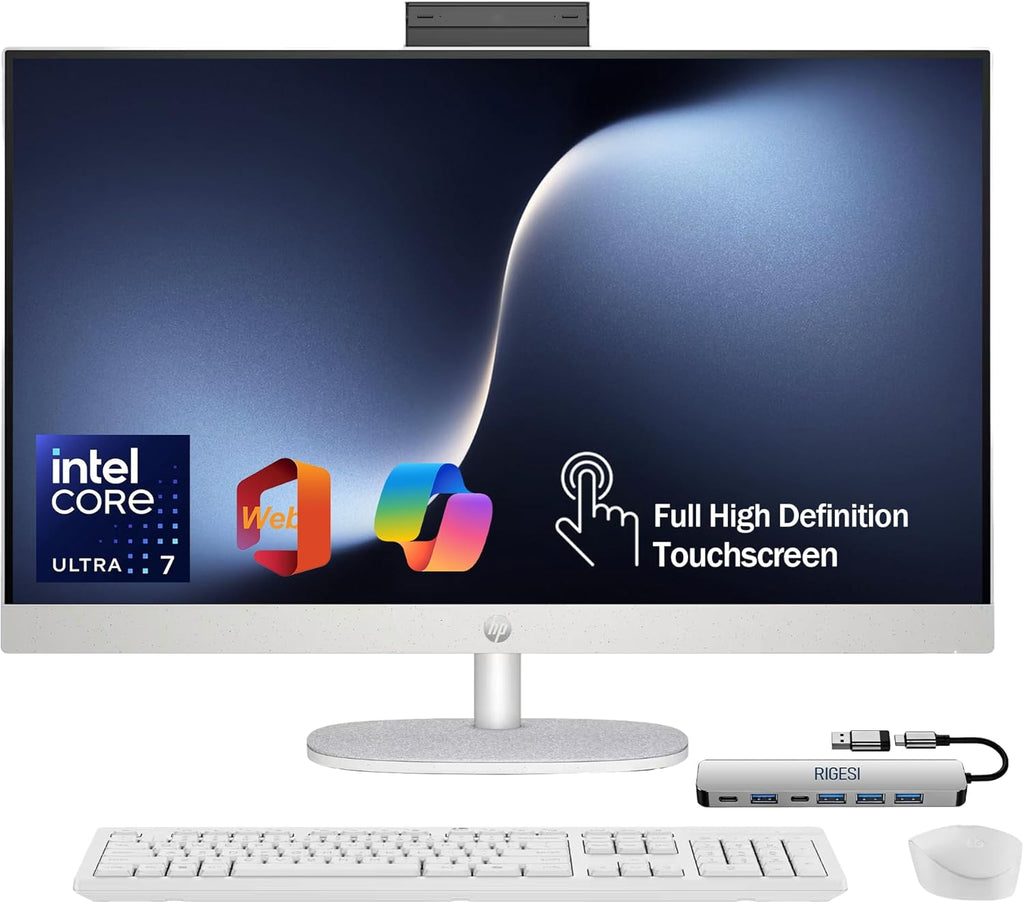 Ordinateur tout-en-un HP 27" FHD tactile – Tout pour travailler en toute simplicité. Processeur Intel Core Ultra 7 155U, 16 Go de RAM DDR5, SSD de 1 To, accès gratuit à Internet et Office, ports HDMI et Ethernet, Windows 11 Professionnel, station…