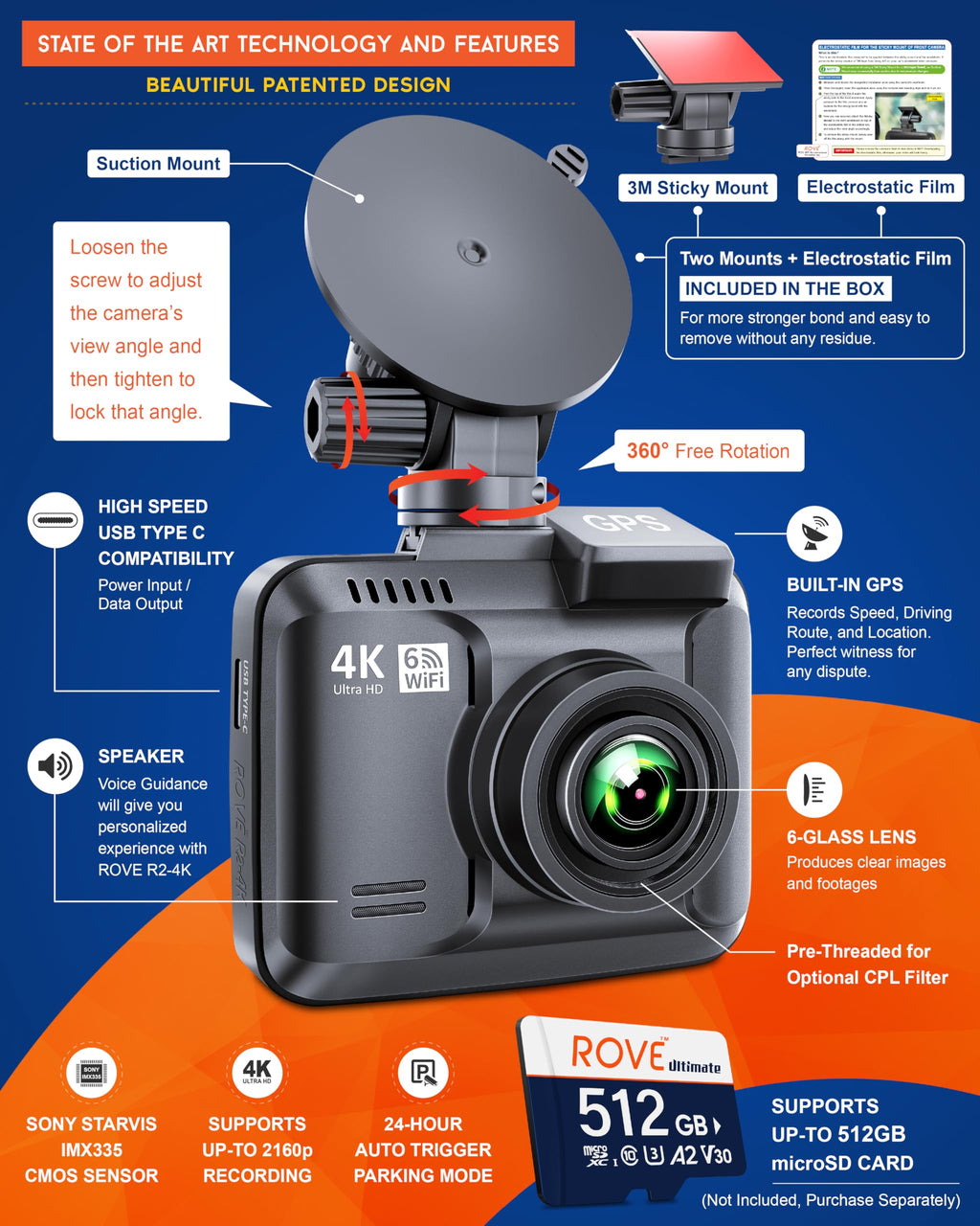 Caméra embarquée ROVE R2-4K doté de Wi-Fi, GPS, vision nocturne et angle de 150°