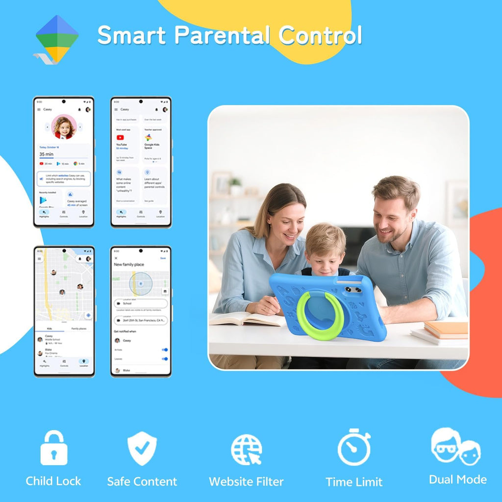 Tablette tactile enfant SVITOO 10 pouces, tablette Android pour tout-petits avec contrôle parental, 20 Go de RAM, 32 Go de ROM extensible jusqu'à 1 To, double caméra, batterie 6000 mAh, Wi-Fi 6, coque antichoc en EVA bleue