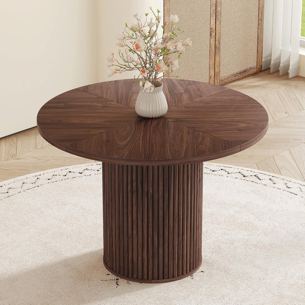 Table de salle à manger ronde de 107 cm dotée de rangement, table ronde moderne avec plateau en bois et piètement cylindrique, table de cuisine ronde peu encombrante pour salle à manger.