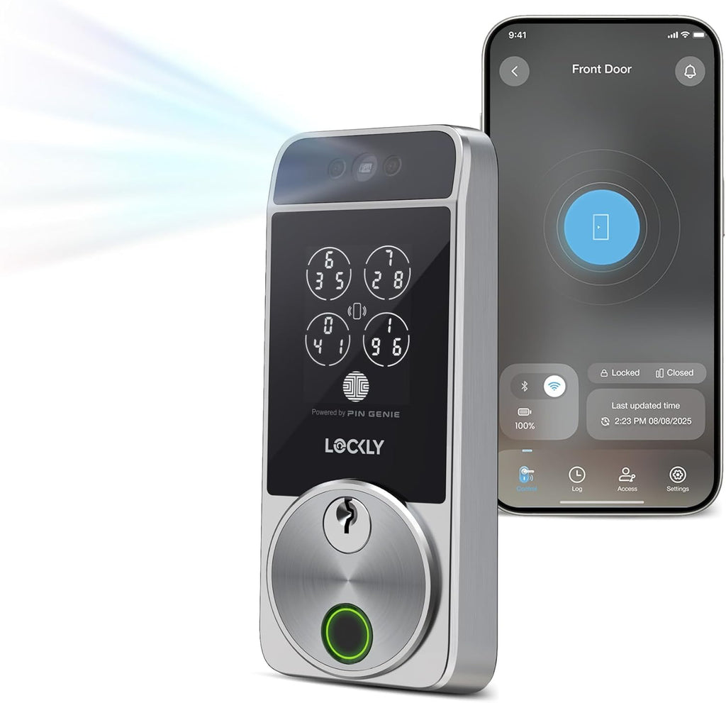 Serrure connectée Lockly Visage Zeno Series, serrure d'entrée sans clé par reconnaissance faciale et empreinte digitale, pêne dormant Wi-Fi intégré compatible doté de Apple Home Key, clavier PIN Genie, contrôle à distance via application…