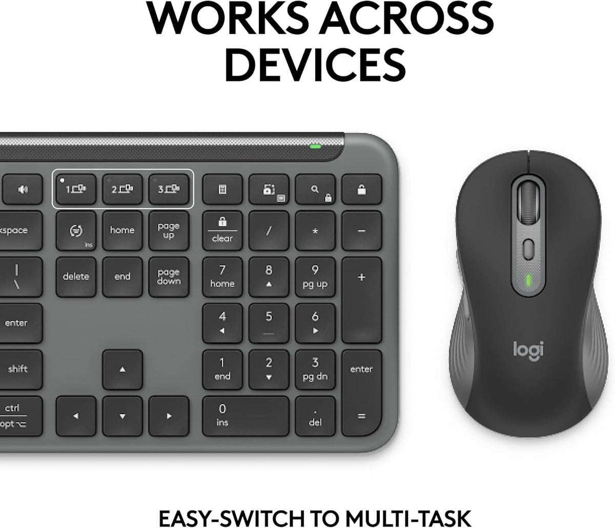 Ensemble clavier et souris à connectivité sans fil Logitech Signature Slim MK955 pour professionnels : frappe silencieuse, récepteur sécurisé, Bluetooth, certification internationale, compatible Windows/Mac/Chrome/Linux - Graphite