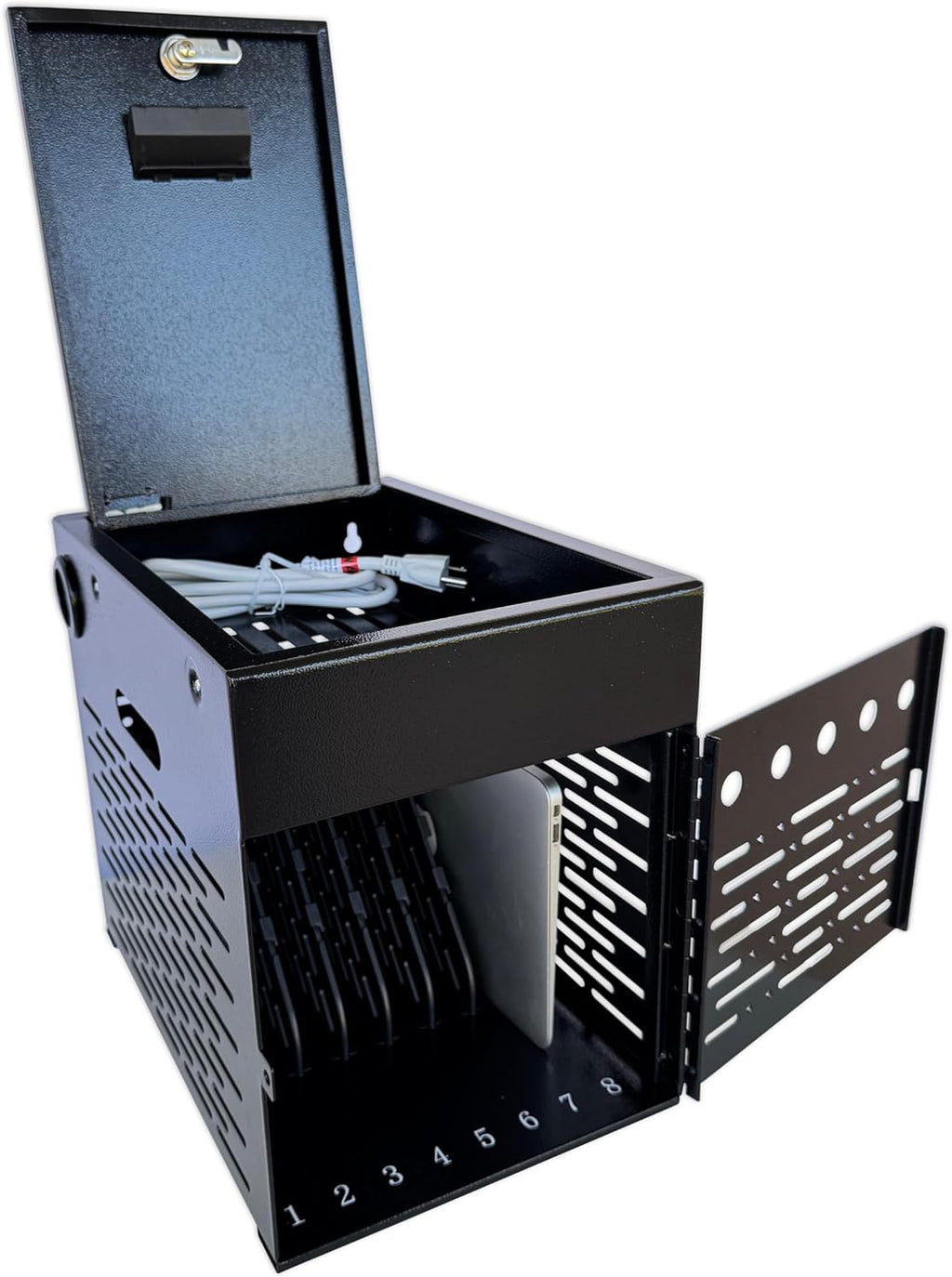 Station de charge pour 8 appareils (tablettes, ordinateurs portables et tablettes) avec boîtier en acier verrouillable. Compatible avec Chromebooks, iPads, ordinateurs portables et tablettes de 14 pouces. Rangement sécurisé avec 2 clés. Idéale pour