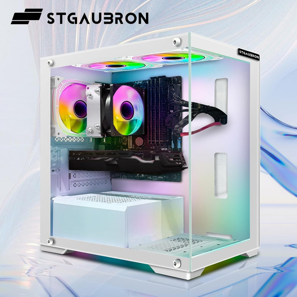 PC de bureau gaming STGAubron : processeur AMD Athlon 3000G 3,5 GHz, carte graphique Radeon RX 590 8 Go, 16 Go de RAM DDR4, SSD 512 Go, Wi-Fi, Bluetooth 5.0, 3 ventilateurs RGB, Windows 11 Famille – Modèle pratique