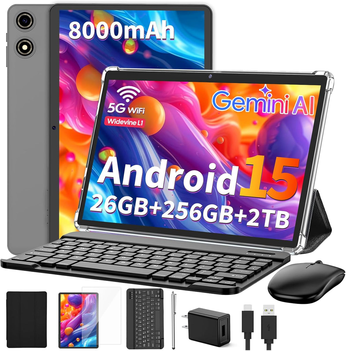Tablette tactile Suicoey 2026 avec clavier, 26 Go + 256 Go (extensible à 2 To), tablette Android 15 de 10 pouces avec processeur Octa Core, intelligence artificielle Gemini, Wi-Fi 5G, batterie de 8 000 mAh, Bluetooth 5.0, tablette IA 2 en 1 avec étui