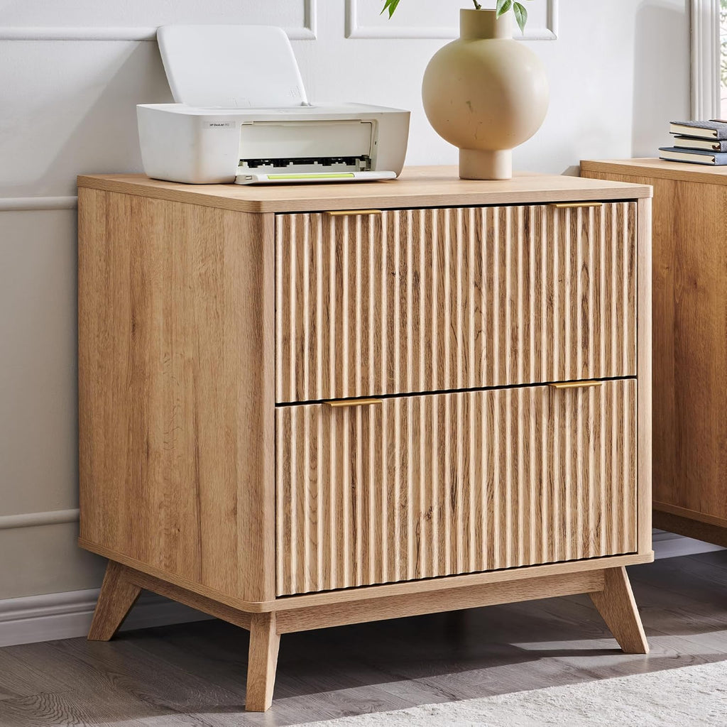 Classeur à deux tiroirs T4TREAM, classeur latéral cannelé de 31,8 cm dotée de tringle de suspension pour dossiers format Lettre/Légal/A4, grand plateau pour imprimante, meuble de bureau en bois, chêne naturel