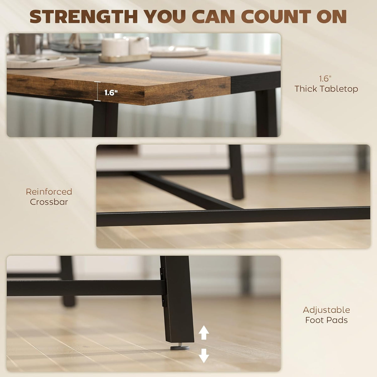 Table de salle à manger industrielle HOMCOM pour 8 personnes, table rectangulaire de 180 cm de long dotée de grand plateau et pieds en acier, marron rustique