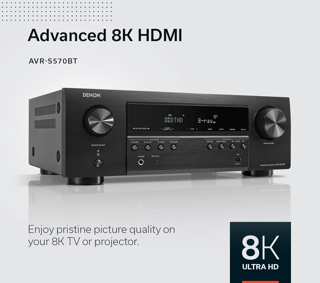 Amplificateur audio-vidéo Denon AVR-S570BT 5.2 canaux, compatible 8K Ultra HD, doté de streaming à connectivité sans fil Bluetooth, 4 entrées HDMI 8K et eARC HD. Assistant de configuration HD.