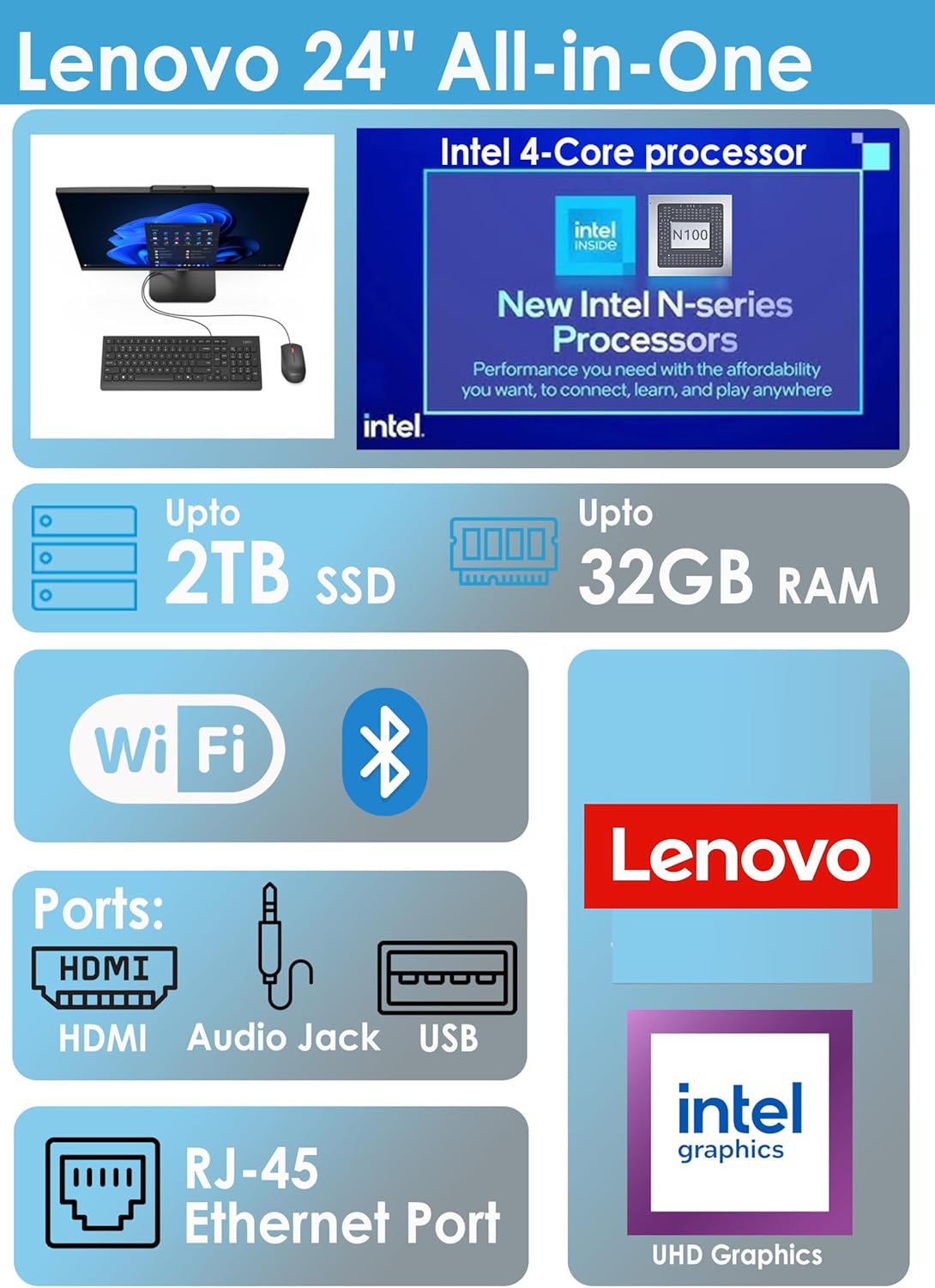 Ordinateur de bureau tout-en-un Lenovo IdeaCentre 24 pouces pour le télétravail : 16 Go de RAM DDR4, SSD PCIe de 512 Go, processeur Intel, Office 365 à vie pour le Web, écran FHD, Wi-Fi 6, Bluetooth 5.2, RJ-45, HDMI, noir ébène, Windows 11H