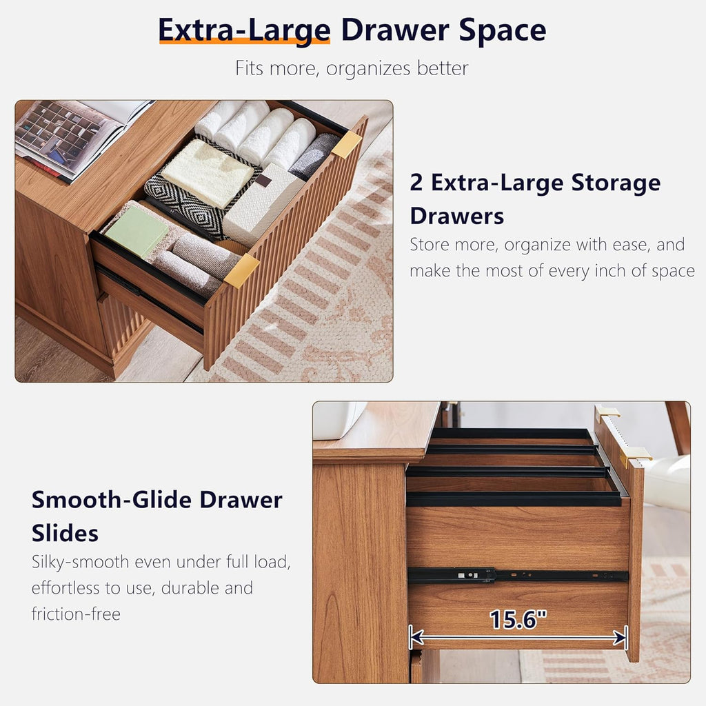Classeur à deux tiroirs JXQTLINGMU dotée de station de charge, classeur latéral cannelé 30 pouces avec tringle de suspension pour dossiers format lettre/légal/A4, grand plateau pour imprimante, meuble de bureau en bois pour imprimante, finition grain