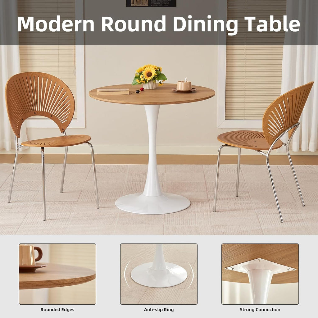 Table de salle à manger ronde, table tulipe circulaire de 80 cm dotée de plateau épais et pied en métal, table bistro moderne du milieu du siècle pour cuisine, petits espaces, salon, café (imitation chêne)
