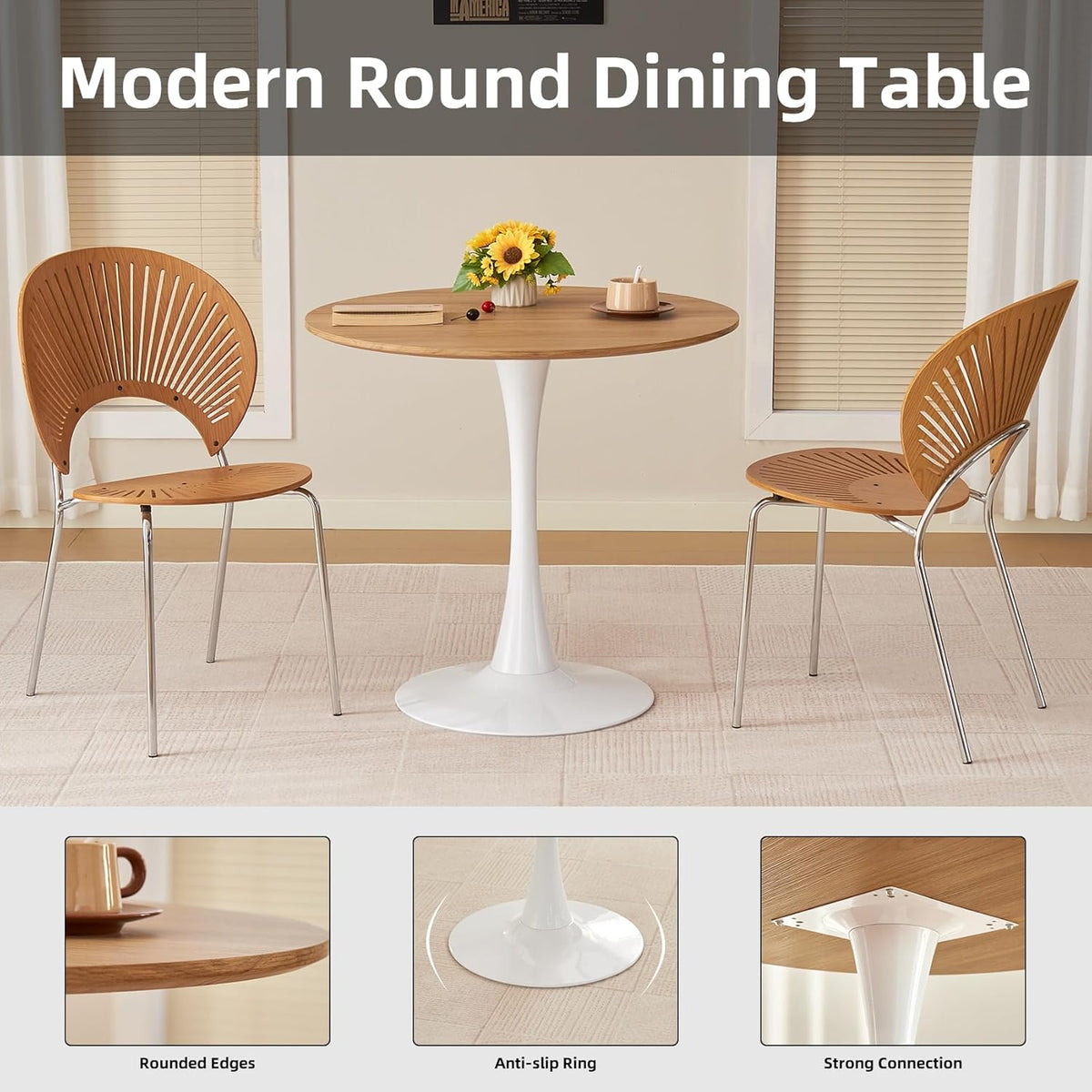 Table de salle à manger ronde, table tulipe circulaire de 80 cm dotée de plateau épais et pied en métal, table bistro moderne du milieu du siècle pour cuisine, petits espaces, salon, café (imitation chêne)