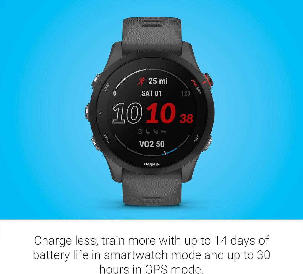 Présentation : Montre connectée GPS de course à pied Garmin Forerunner® 255 : informations avancées, batterie longue durée, gris ardoise