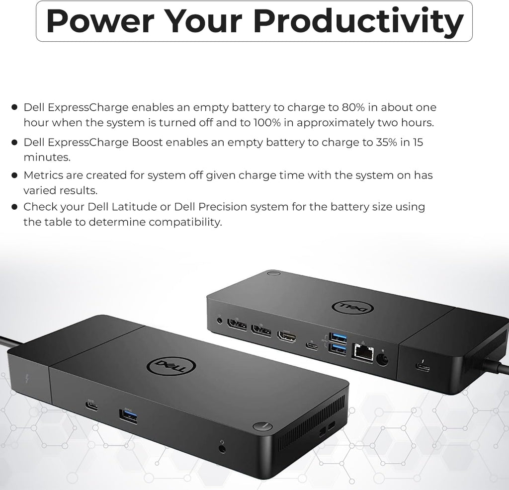Station d'accueil Dell WD19TB Thunderbolt doté de adaptateur secteur 180 W (130 W Power Delivery), câble HDMI, câble DisplayPort, câble Thunderbolt et chiffon en microfibre inclus.