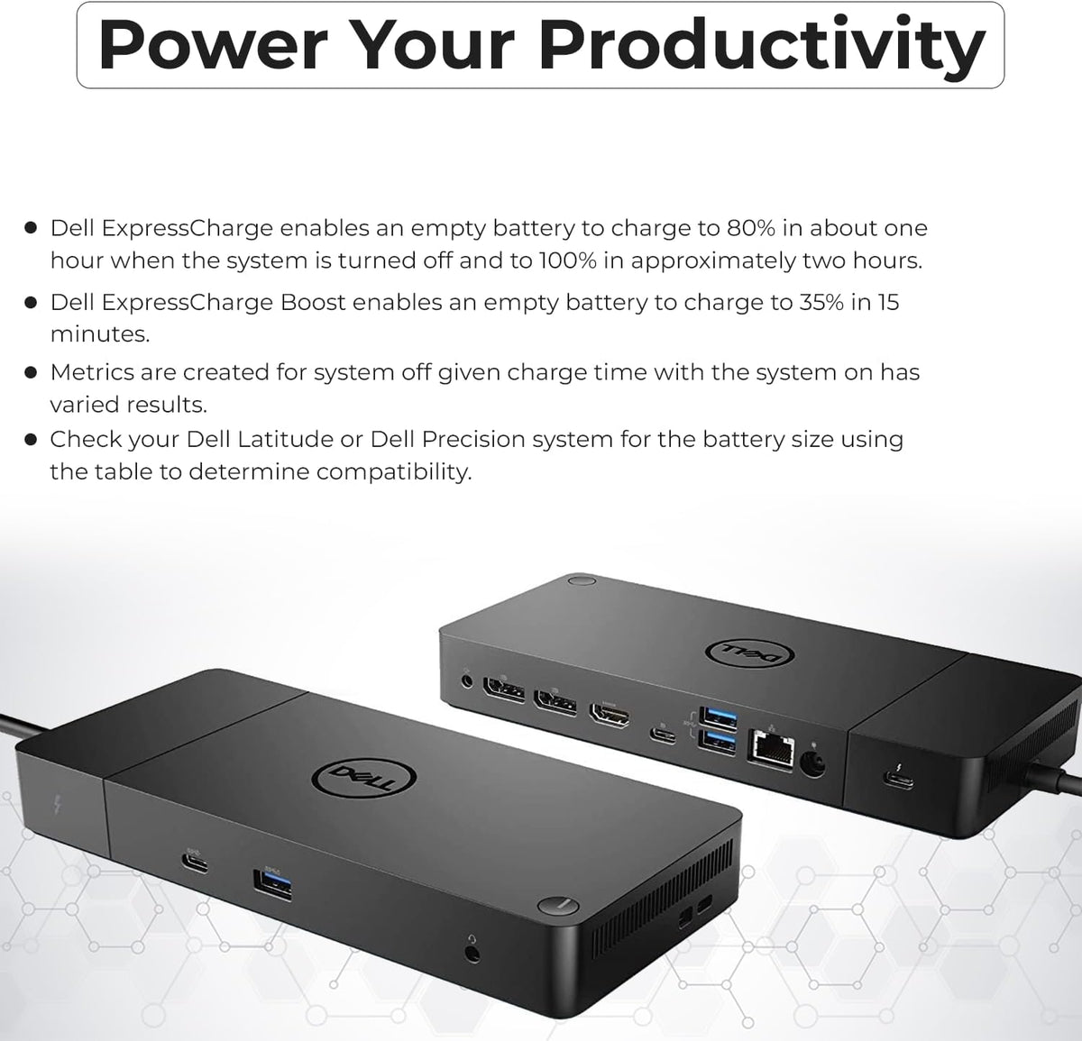 Station d'accueil Dell WD19TB Thunderbolt doté de adaptateur secteur 180 W (130 W Power Delivery), câble HDMI, câble DisplayPort, câble Thunderbolt et chiffon en microfibre inclus.