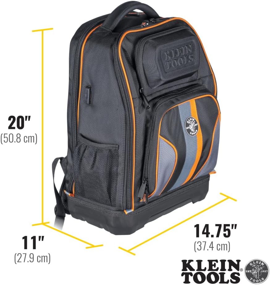 Sac à dos pour ordinateur compact portable Klein Tools 62805BPTECH à 28 poches, sac à outils Tradesman Pro extra-large avec fond moulé et port de chargement