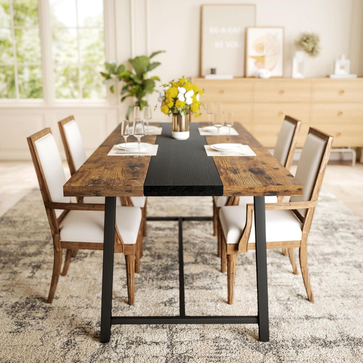 Table de salle à manger industrielle HOMCOM pour 8 personnes, table rectangulaire de 180 cm de long dotée de grand plateau et pieds en acier, marron rustique