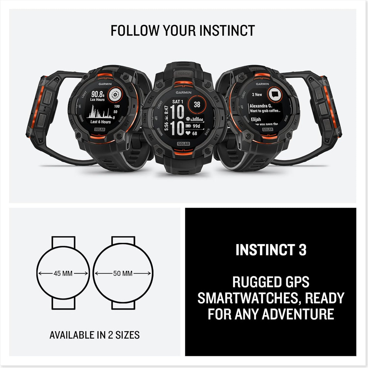 Présentation : Garmin Instinct® 3 45 mm, montre connectée GPS robuste pour l'extérieur, avec écran solaire, lunette renforcée en métal et lampe torche intégrée, couleur noire.