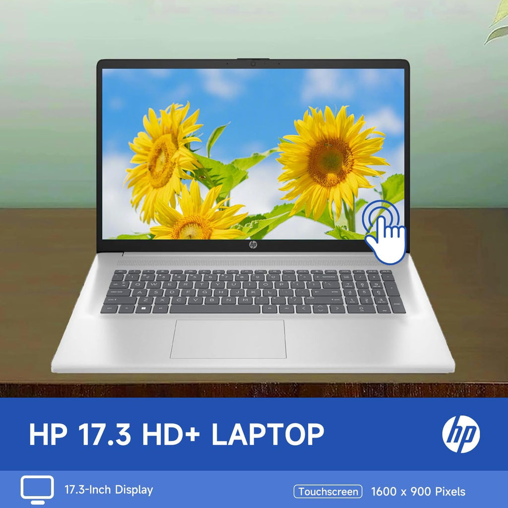 Ordinateur compact portable HP 17,3 pouces pour particuliers, étudiants et professionnels. Abonnement à vie à Office 365 pour le Web. Écran tactile 17,3 pouces. Processeur Intel 8 cœurs avec Copilot. 8 Go de RAM. Disque dur eMMC 128 Go. Cache de