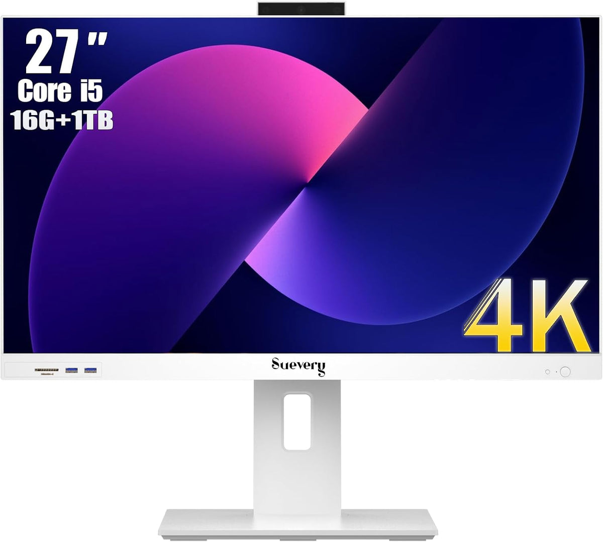 Ordinateur de bureau tout-en-un 27 pouces (3840 x 2160) UHD 4K, processeur Intel Core i5 de 12e génération (allant jusqu'à 4,6 GHz), disque SSD M.2 de 1 To, 16 Go de RAM, Wi-Fi 6, blanc. Clavier et souris inclus.