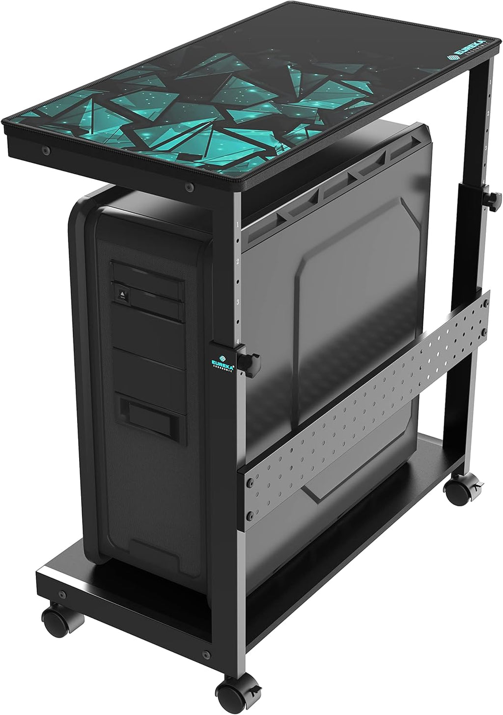 Support PC ergonomique EUREKA, chariot à roulettes en métal noir, réglable en hauteur, compatible doté de boîtiers ATX et imprimantes, adapté à le gaming, la maison et le bureau.
