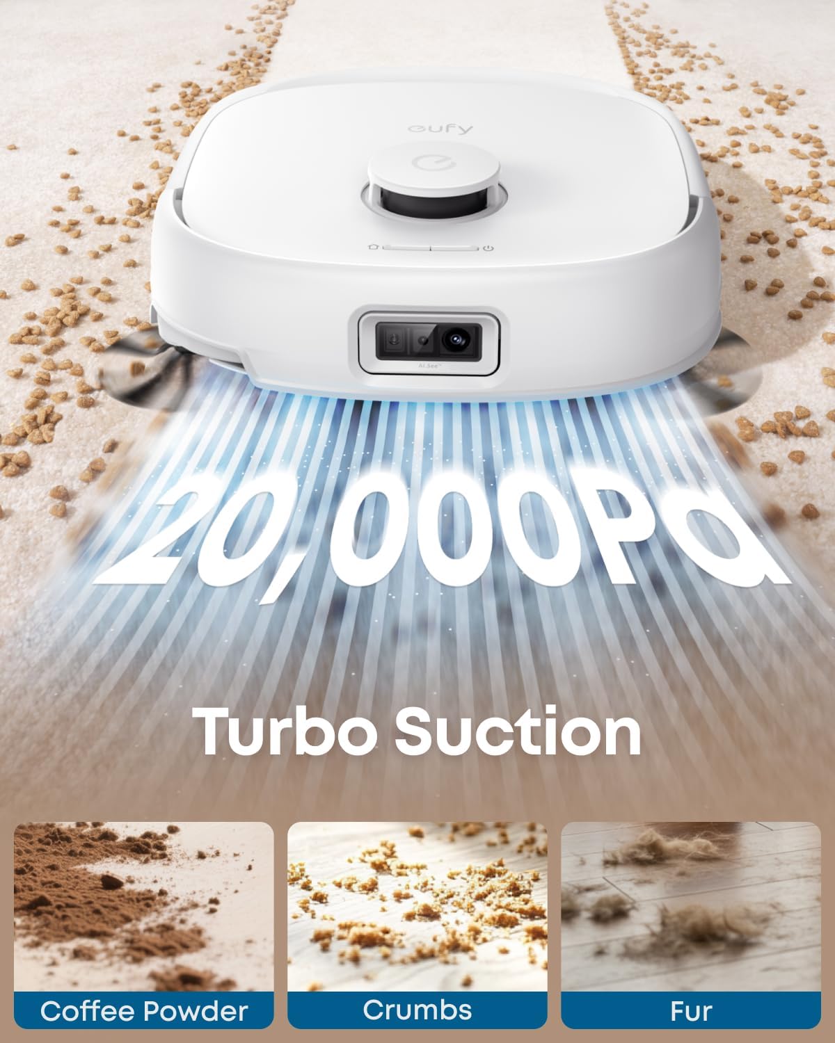 Aspirateur robot eufy E25, système HydroJet doté de balai à franges, aspiration turbo 20 000 Pa, robot laveur tout-en-un, nettoyage des bords et des coins, conception anti-enchevêtrement, détection d'obstacles par IA, blanc