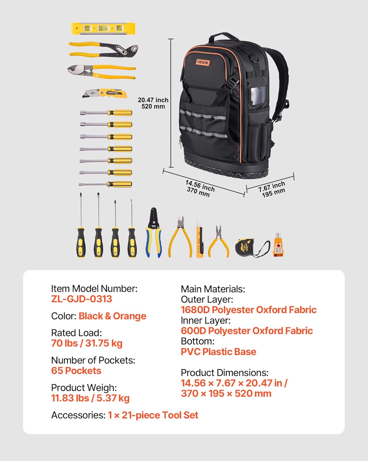 Sac à dos VEVOR pour outils, 65 poches, organisateur de rangement robuste avec compartiment pour ordinateur compact portable et fond moulé, sac à dos de chantier pour électriciens, réparateurs et techniciens CVC.