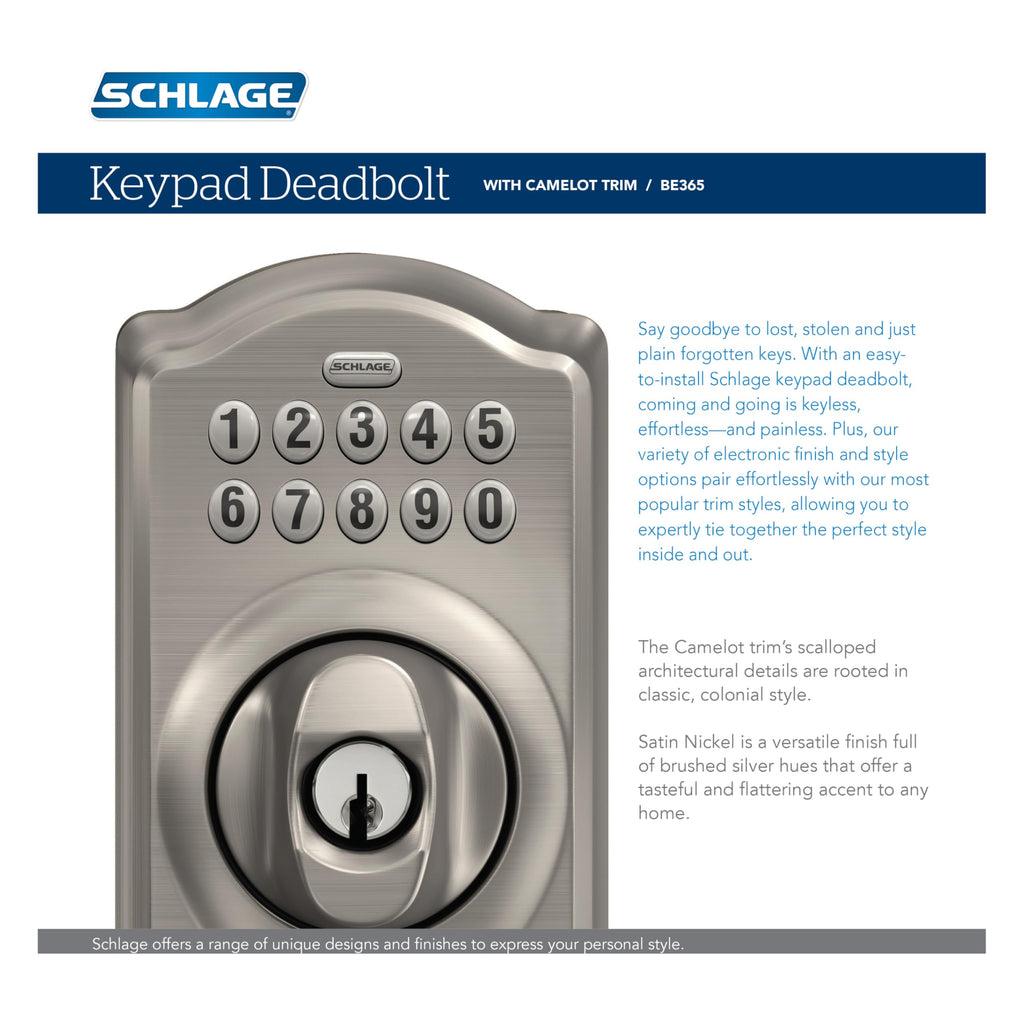Serrure à pêne dormant SCHLAGE Camelot à clavier numérique - Entrée sans clé, nickel satiné – Modèle pratique