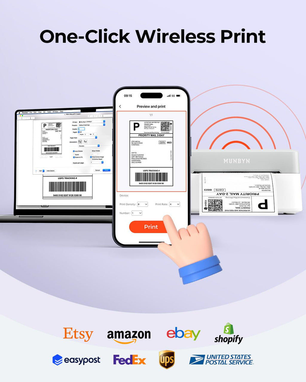 Imprimante d'étiquettes thermique Bluetooth MUNBYN RW403B - 4x6 à connectivité sans fil