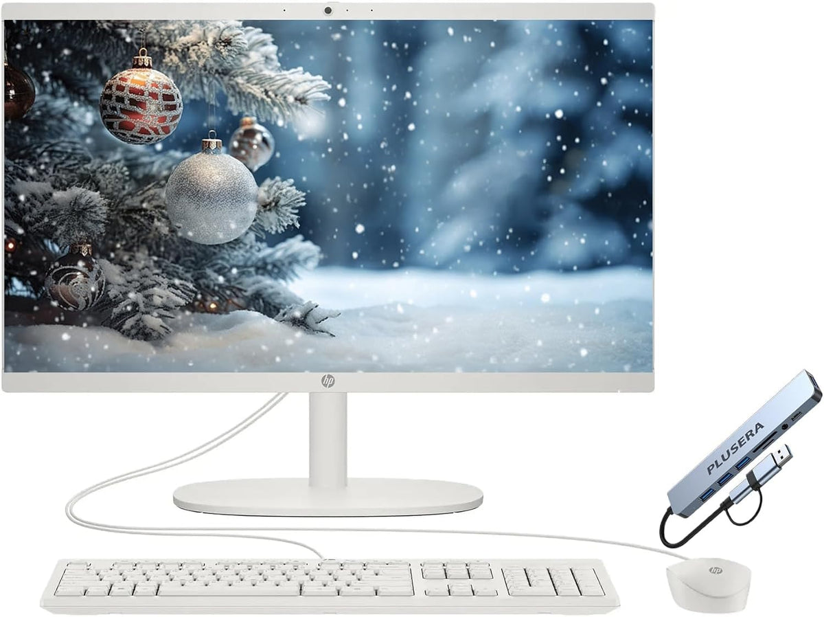 Ordinateur de bureau tout-en-un HP 21,5" FHD, 32 Go de RAM, 128 Go UFS, processeur Intel N100 quadricœur, Windows 11, hub PLUSERA 8-en-1, clavier et souris inclus, blanc cachemire – Modèle pratique