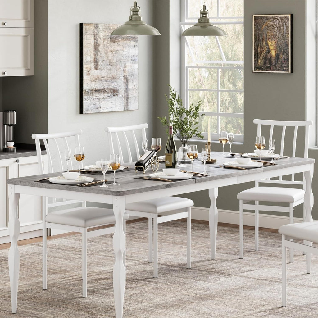 Table de salle à manger rectangulaire pour 6 personnes, 180 cm, style rustique, dotée de grand plateau, pieds robustes, idéale pour les repas en famille ou entre amis. Grise.