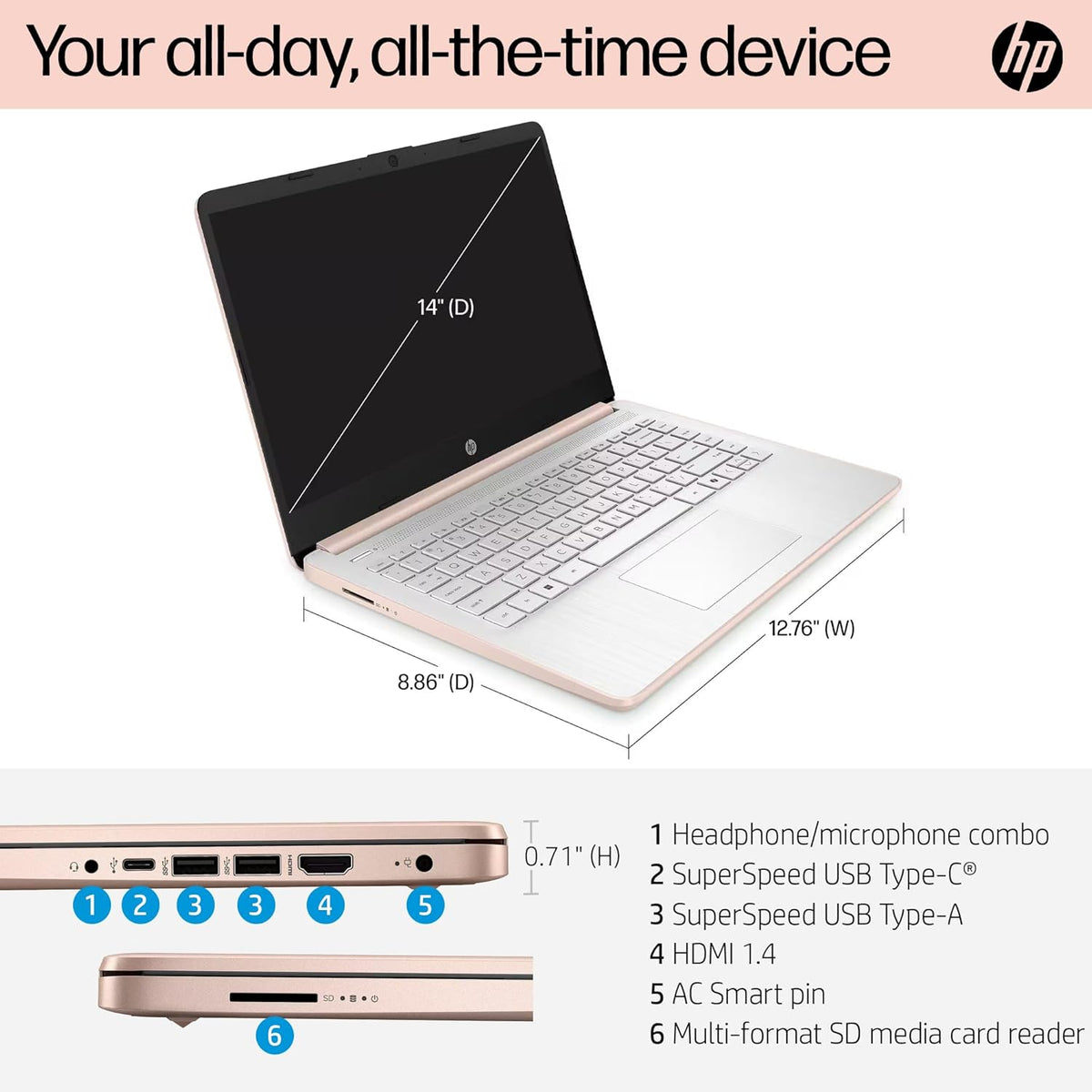 Ordinateur compact portable HP Flagship 14 pour étudiants et professionnels (2026), Windows 11 Professionnel, Copilot AI, processeur Intel jusqu'à 2,8 GHz, 8 Go de RAM, 628 Go de stockage (128 Go SSD + 500 Go d'extension), Wi-Fi 6, HubxcelAccessory
